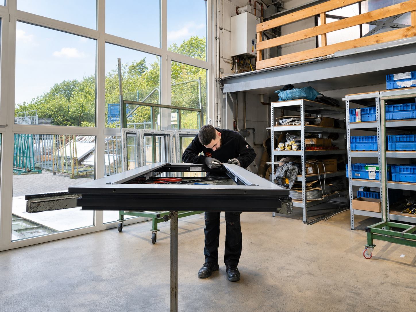 Mitarbeiter bei der Fensterfertigung in der Produktion von Gülak Fensterbau